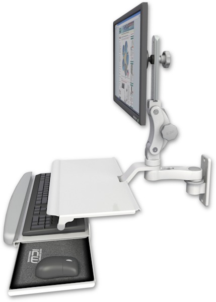 AccessMount™ Ultra 550 LCD wall mount with a work surface tray and slide-out keyboard tray and an 6" arm