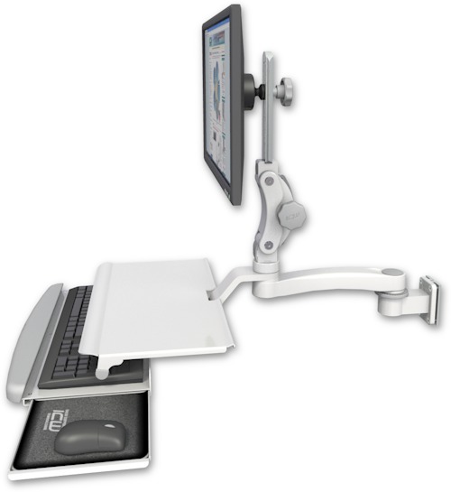 AccessMount™ Ultra 550 LCD 3.5" wall mount with a work surface tray and slide-out keyboard tray and an 11" arm