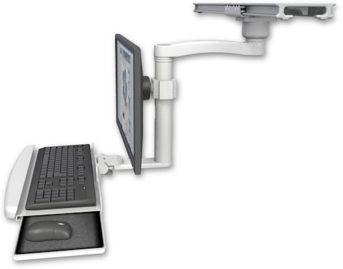 AccessMount™ Ultra ball pivot LCD mount on a ProSlide 28" track slider with a wrist-rest keyboard tray and an 11" arm