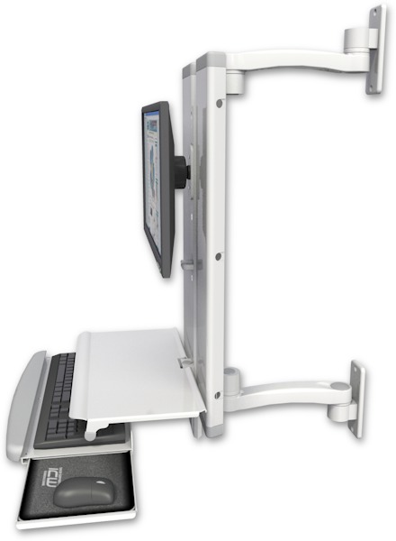AccessMount™ VT21 Dual Arm Workstation with a work surface tray and slide-out keyboard tray