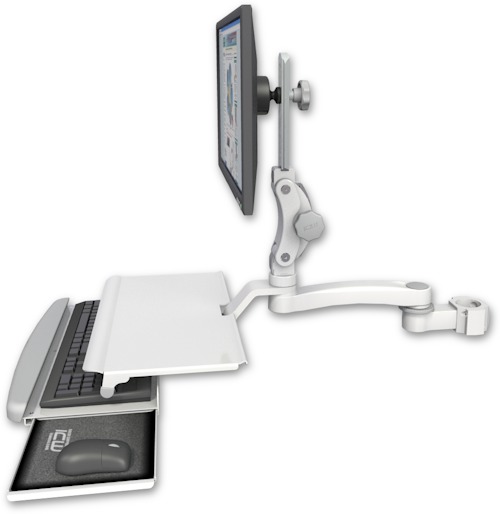 AccessMount™ Ultra 550 LCD mount for a 2" pole with a work surface tray and slide-out keyboard tray and an 11" arm