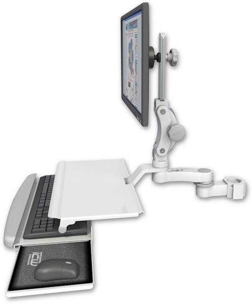 AccessMount™ Ultra 550 LCD mount for a 2" pole with a work surface tray and slide-out keyboard tray and an 6" arm