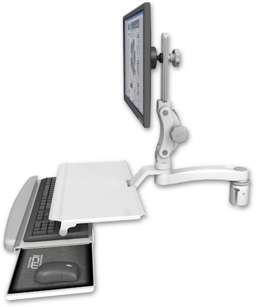 AccessMount™ Ultra 550 LCD mount for a 2" radius with a work surface tray and slide-out keyboard tray and an 11" arm