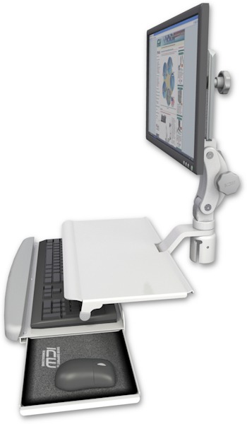 AccessMount™ Ultra 550 LCD mount for a 2" radius with a work surface tray and slide-out keyboard tray