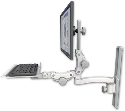 AccessMount™ Ultra 550 LCD mount on a 19" wall track slider with a 12" paralink keyboard tray and an 11" arm