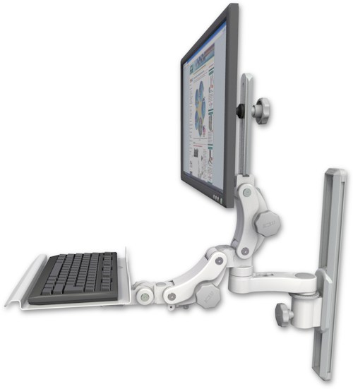 AccessMount™ Ultra 550 LCD mount on a 19" wall track slider with a 12" paralink keyboard tray and an 6" arm