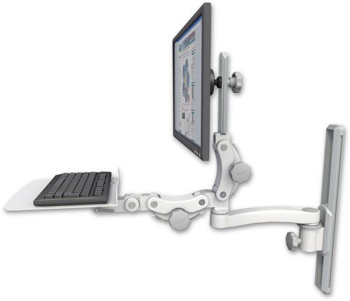 AccessMount™ Ultra 550 LCD mount on a 19" wall track slider with a 12" flat paralink keyboard tray and an 11" arm