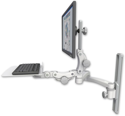 AccessMount™ Ultra 550 LCD mount on a 19" wall track slider with a 12" flat paralink keyboard tray and a 20" double-arm