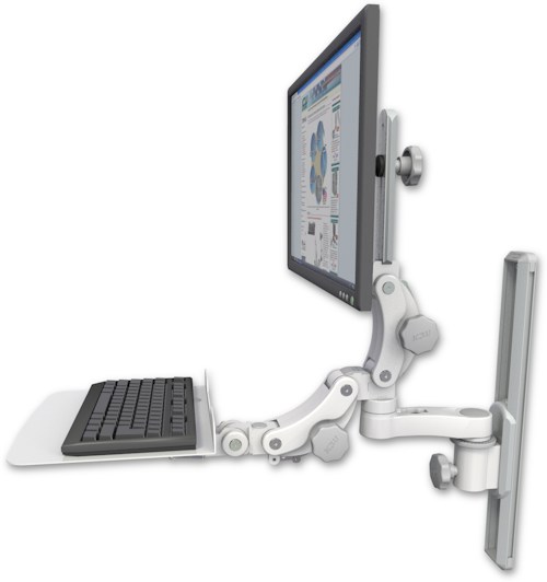 AccessMount™ Ultra 550 LCD mount on a 19" wall track slider with a 12" flat paralink keyboard tray and an 6" arm