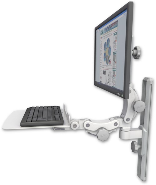 AccessMount™ Ultra 550 LCD mount on a 19" wall track slider with a 12" flat paralink keyboard tray