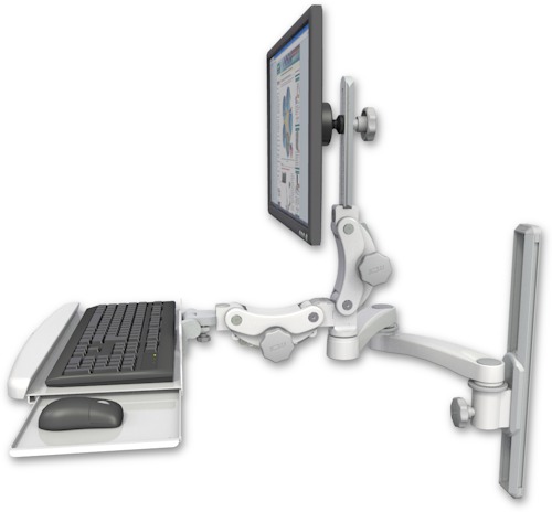 AccessMount™ Ultra 550 LCD mount on a 19" wall track slider with a paralink keyboard tray w/ wrist rest bend and a 20" double-arm