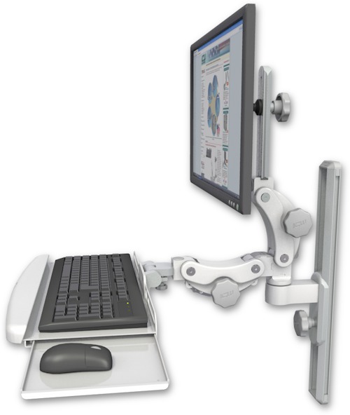 AccessMount™ Ultra 550 LCD mount on a 19" wall track slider with a paralink keyboard tray w/ wrist rest bend