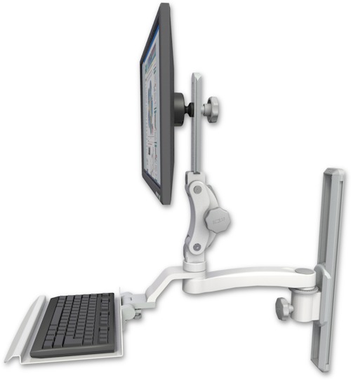 AccessMount™ Ultra 550 LCD mount on a 19" wall track slider with a 12" keyboard tray and an 11" arm