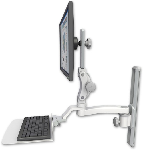 AccessMount™ Ultra 550 LCD mount on a 19" wall track slider with a 12" flat keyboard tray and an 11" arm