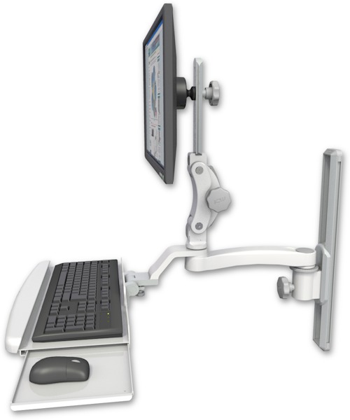 AccessMount™ Ultra 550 LCD mount on a 19" wall track slider with a wrist-rest keyboard tray and an 11" arm