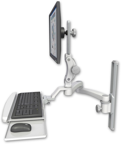 AccessMount™ Ultra 550 LCD mount on a 19" wall track slider with a wrist-rest keyboard tray and a 20" double-arm