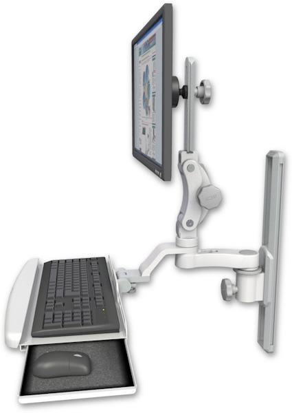AccessMount™ Ultra 550 LCD mount on a 19" wall track slider with a wrist-rest keyboard tray and an 6" arm