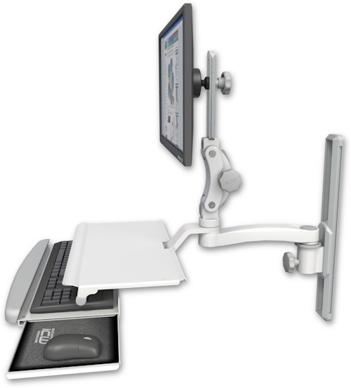 AccessMount™ Ultra 550 LCD mount on a 19" wall track slider with a work surface tray and slide-out keyboard tray and an 11" arm