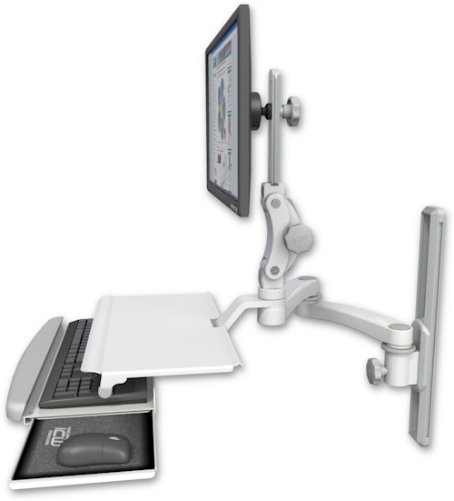 AccessMount™ Ultra 550 LCD mount on a 19" wall track slider with a work surface tray and slide-out keyboard tray and a 20" double-arm