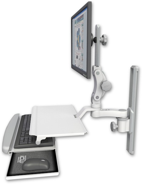 AccessMount™ Ultra 550 LCD mount on a 19" wall track slider with a work surface tray and slide-out keyboard tray and an 6" arm