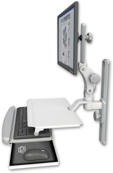 AccessMount™ Ultra 550 LCD mount on a 19" wall track slider with a work surface tray and slide-out keyboard tray