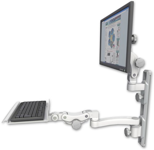 AccessMount™ Ultra 550 LCD mount on a 19" wall track with separate arms, a 12" paralink keyboard tray, and an 11" arm