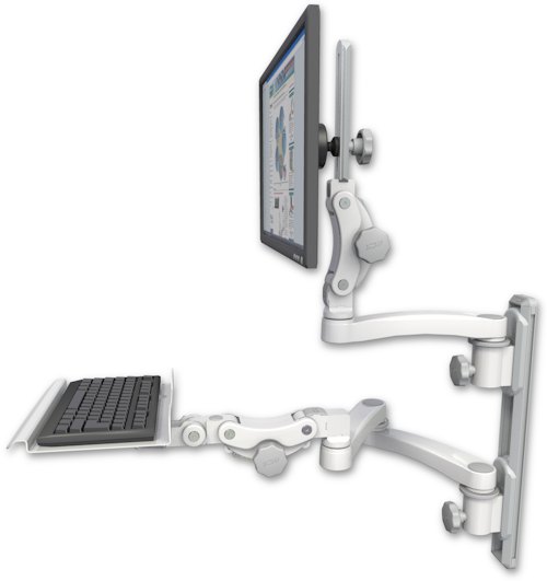 AccessMount™ Ultra 550 LCD mount on a 19" wall track with separate arms, a 12" paralink keyboard tray, and an 11" arm and 20" double-arm