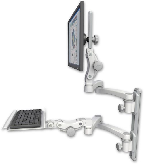 AccessMount™ Ultra 550 LCD mount on a 19" wall track with separate arms, a 12" paralink keyboard tray, and two 20" double-arms