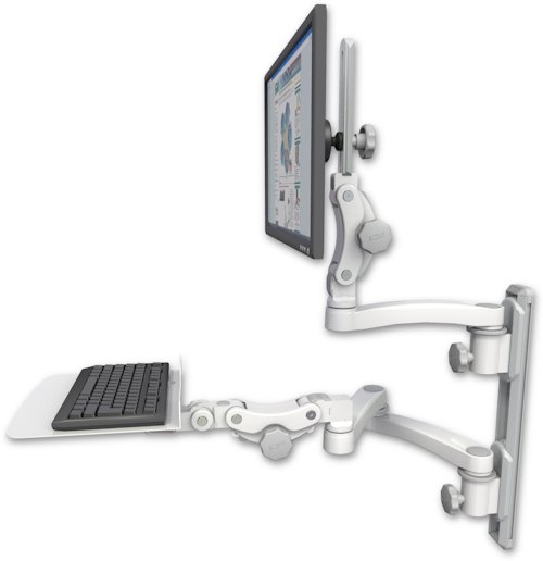 AccessMount™ Ultra 550 LCD mount on a 19" wall track with separate arms, a 12" flat paralink keyboard tray, and an 11" arm and 20" double-arm