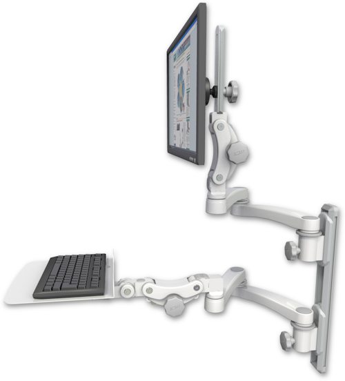 AccessMount™ Ultra 550 LCD mount on a 19" wall track with separate arms, a 12" flat paralink keyboard tray, and two 20" double-arms