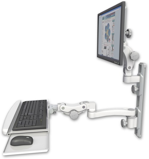 AccessMount™ Ultra 550 LCD mount on a 19" wall track with separate arms, a paralink keyboard tray w/ wrist rest bend, and an 11" arm