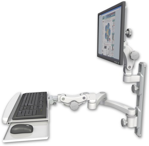 AccessMount™ Ultra 550 LCD mount on a 19" wall track with separate arms, a paralink keyboard tray w/ wrist rest bend, and a 20" double-arm