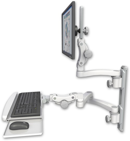 AccessMount™ Ultra 550 LCD mount on a 19" wall track with separate arms, a paralink keyboard tray w/ wrist rest bend, and an 11" arm and 20" double-arm