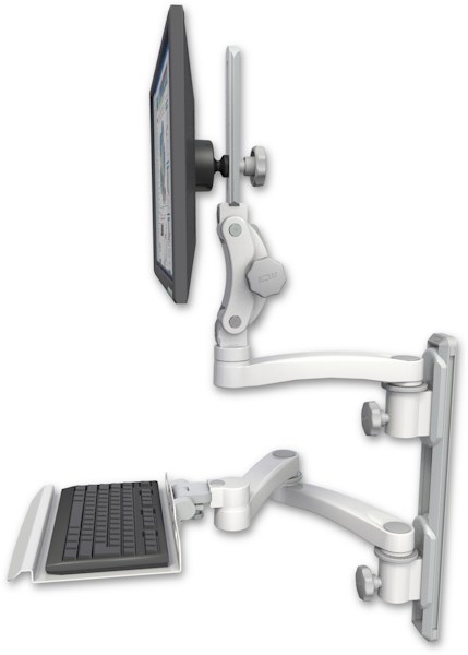 AccessMount™ Ultra 550 LCD mount on a 19" wall track with separate arms, a 12" keyboard tray, and an 11" arm and 20" double-arm