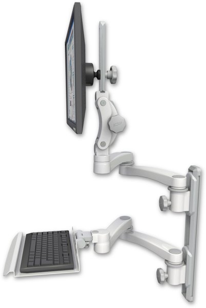 AccessMount™ Ultra 550 LCD mount on a 19" wall track with separate arms, a 12" keyboard tray, and two 20" double-arms