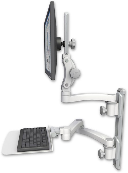 AccessMount™ Ultra 550 LCD mount on a 19" wall track with separate arms, a 12" flat keyboard tray, and an 11" arm and 20" double-arm