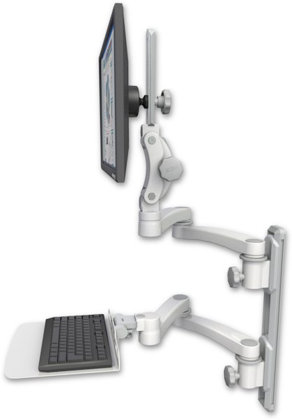 AccessMount™ Ultra 550 LCD mount on a 19" wall track with separate arms, a 12" flat keyboard tray, and two 20" double-arms