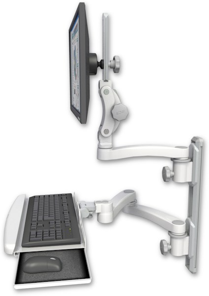 AccessMount™ Ultra 550 LCD mount on a 19" wall track with separate arms, a wrist-rest keyboard tray, and an 11" arm and 20" double-arm