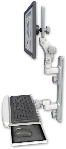 AccessMount™ Ultra 550 LCD mount on a 19" wall track with separate arms and a wrist-rest keyboard tray