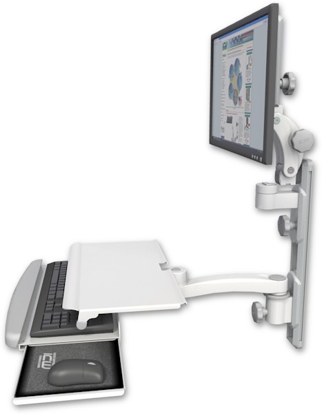 AccessMount™ Ultra 550 LCD mount on a 19" wall track with separate arms, a work surface tray and slide-out keyboard tray, and an 11" arm