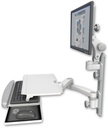 AccessMount™ Ultra 550 LCD mount on a 19" wall track with separate arms, a work surface tray and slide-out keyboard tray, and a 20" double-arm
