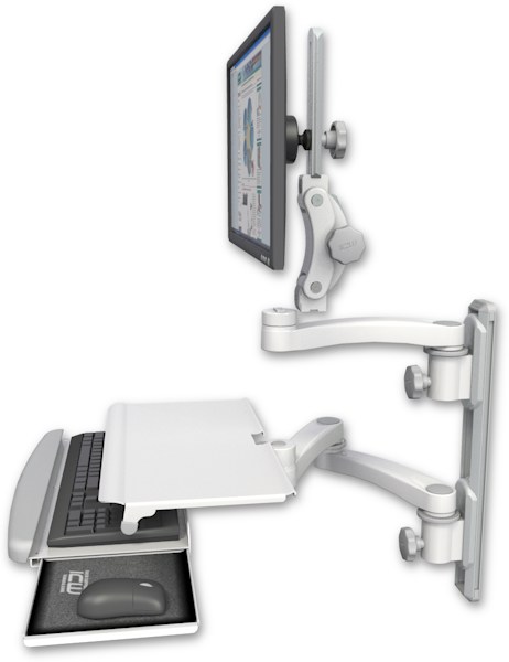 AccessMount™ Ultra 550 LCD mount on a 19" wall track with separate arms, a work surface tray and slide-out keyboard tray, and an 11" arm and 20" double-arm