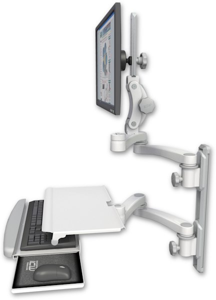AccessMount™ Ultra 550 LCD mount on a 19" wall track with separate arms, a work surface tray and slide-out keyboard tray, and two 20" double-arms