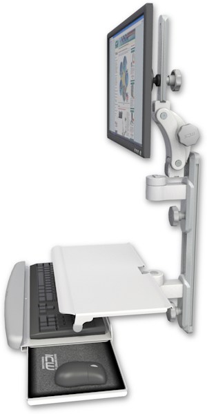 AccessMount™ Ultra 550 LCD mount on a 19" wall track with separate arms and a work surface tray and slide-out keyboard tray