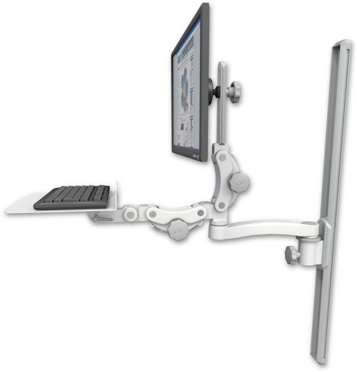 AccessMount™ Ultra 550 LCD mount on a 36" wall track slider with a 12" flat paralink keyboard tray and an 11" arm