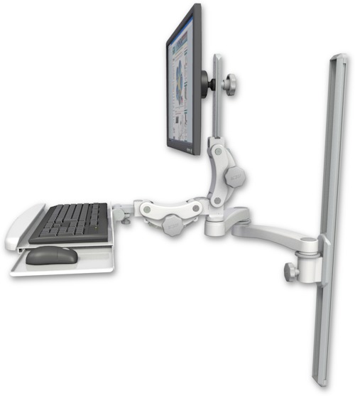 AccessMount™ Ultra 550 LCD mount on a 36" wall track slider with a paralink keyboard tray w/ wrist rest bend and a 20" double-arm