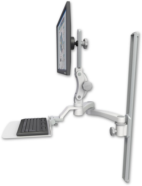 AccessMount™ Ultra 550 LCD mount on a 36" wall track slider with a 12" flat keyboard tray and a 20" double-arm