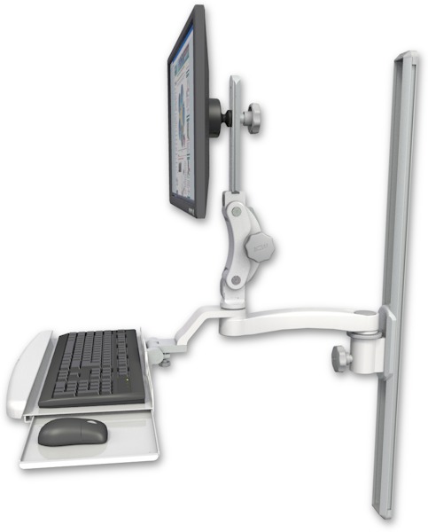 AccessMount™ Ultra 550 LCD mount on a 36" wall track slider with a wrist-rest keyboard tray and an 11" arm