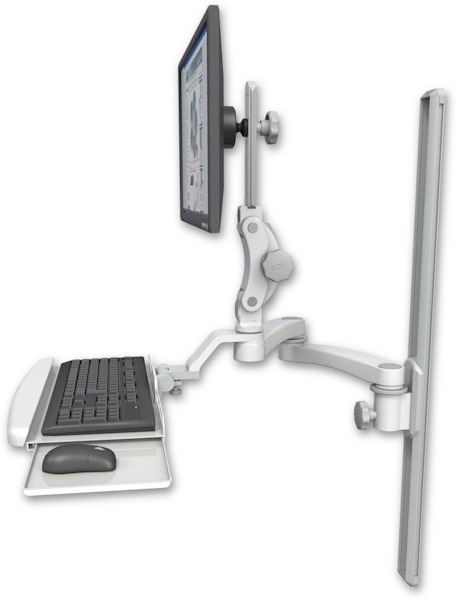 AccessMount™ Ultra 550 LCD mount on a 36" wall track slider with a wrist-rest keyboard tray and a 20" double-arm