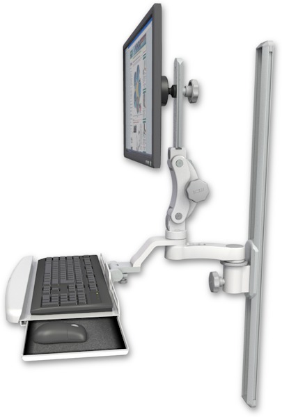 AccessMount™ Ultra 550 LCD mount on a 36" wall track slider with a wrist-rest keyboard tray and an 6" arm